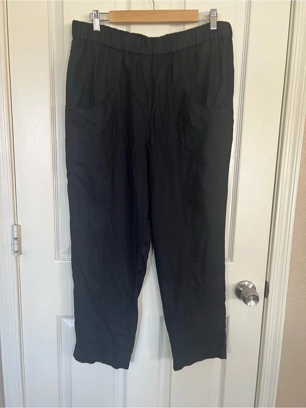 Quince 100% European Linen Pants Black L Elastic Waist Pockets